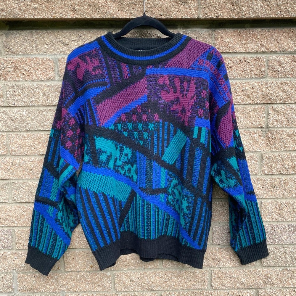 Vintage McGregor Abstract Geometric Crewneck Sweater Blue Purple XL 80s Retro